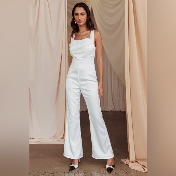 Lena Tuxedo Satin Jumpsuit White Fully Lined Style# R1246 - Picture 1 of 16